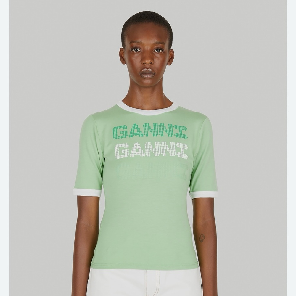 NWT Ganni logo t shirt lyocell contrast trim size small